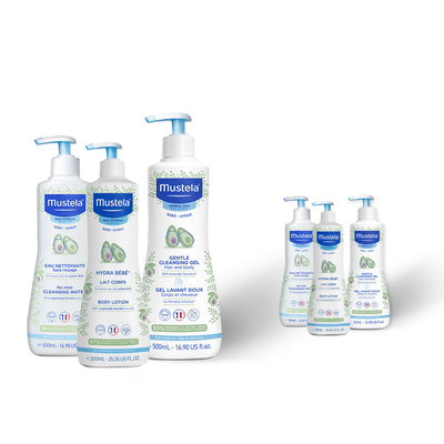 Mustela Bundle Cleansing Gel 500 ml + Cleansing Water 300 ml + Body Lotion + 3 Minis For FREE