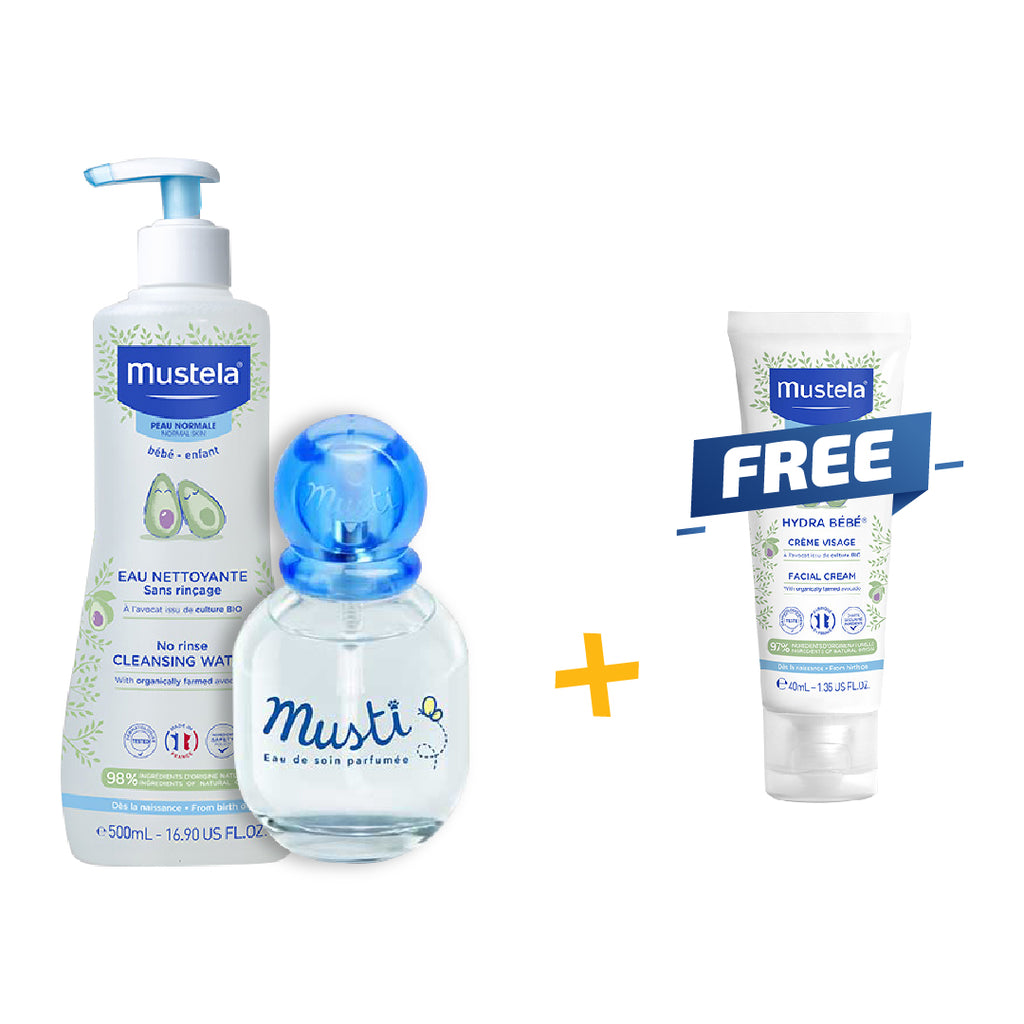 Mustela Bundle Buy 1 Cleansing Water and Musti Perfume Get a Hydrating Facial Cream For FREE