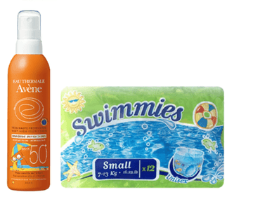 Avene children sunscreen + Swimmies Beach Diapers