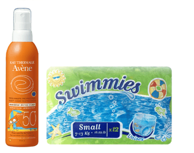 Avene children sunscreen + Swimmies Beach Diapers