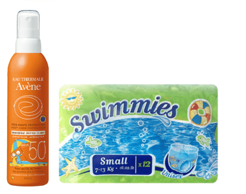Avene children sunscreen + Swimmies Beach Diapers