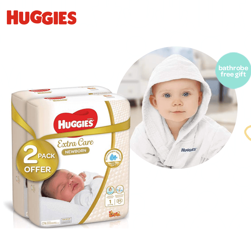Huggies Bundle Buy 2 Diapers N.1 (2 - 5Kg) 64 Pieces And Get a Free Baby BathRobe - FamiliaList